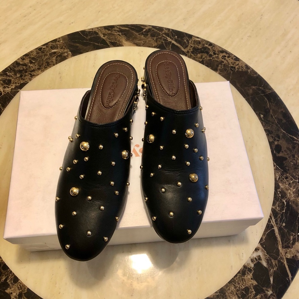 Auth New SEE BY CHLOE Abby Studded Leather Mules 7.5